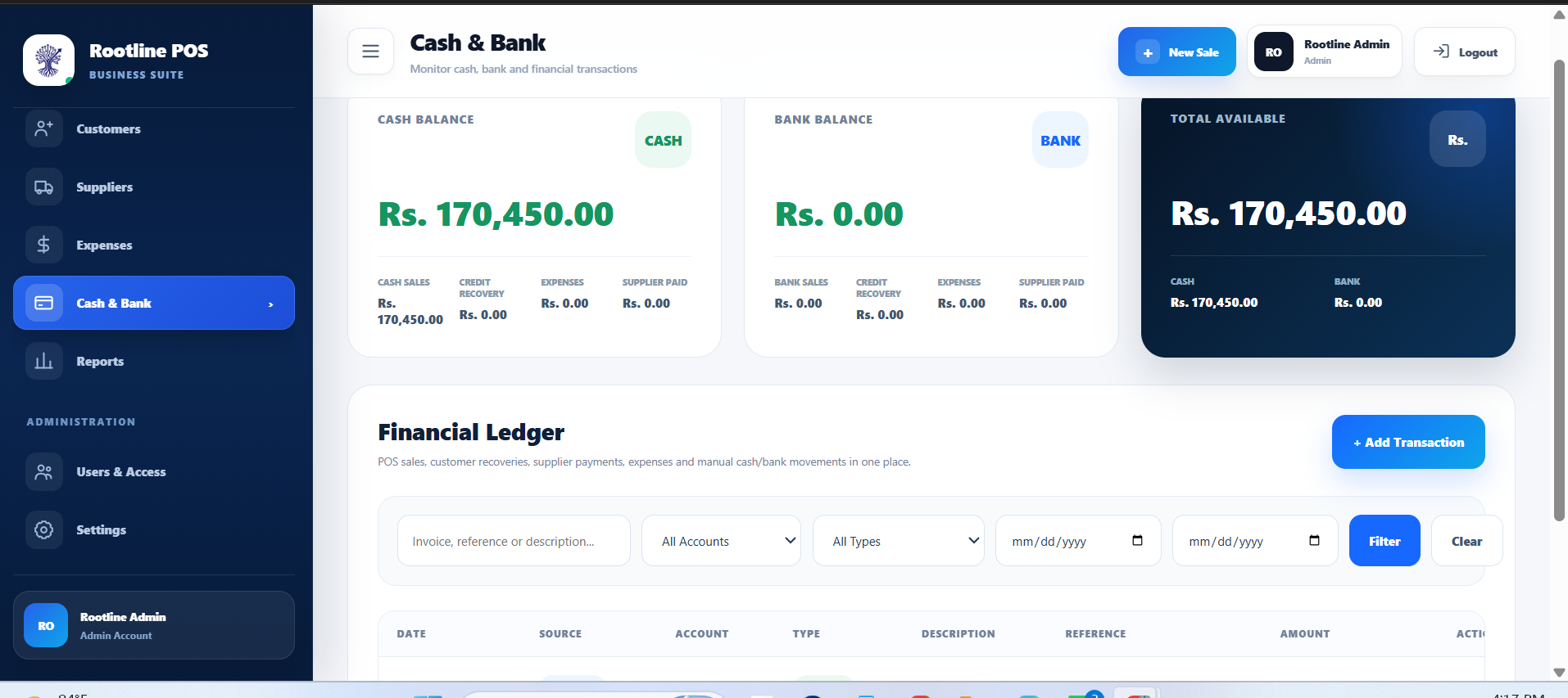 Rootline POS Cash and Bank Management